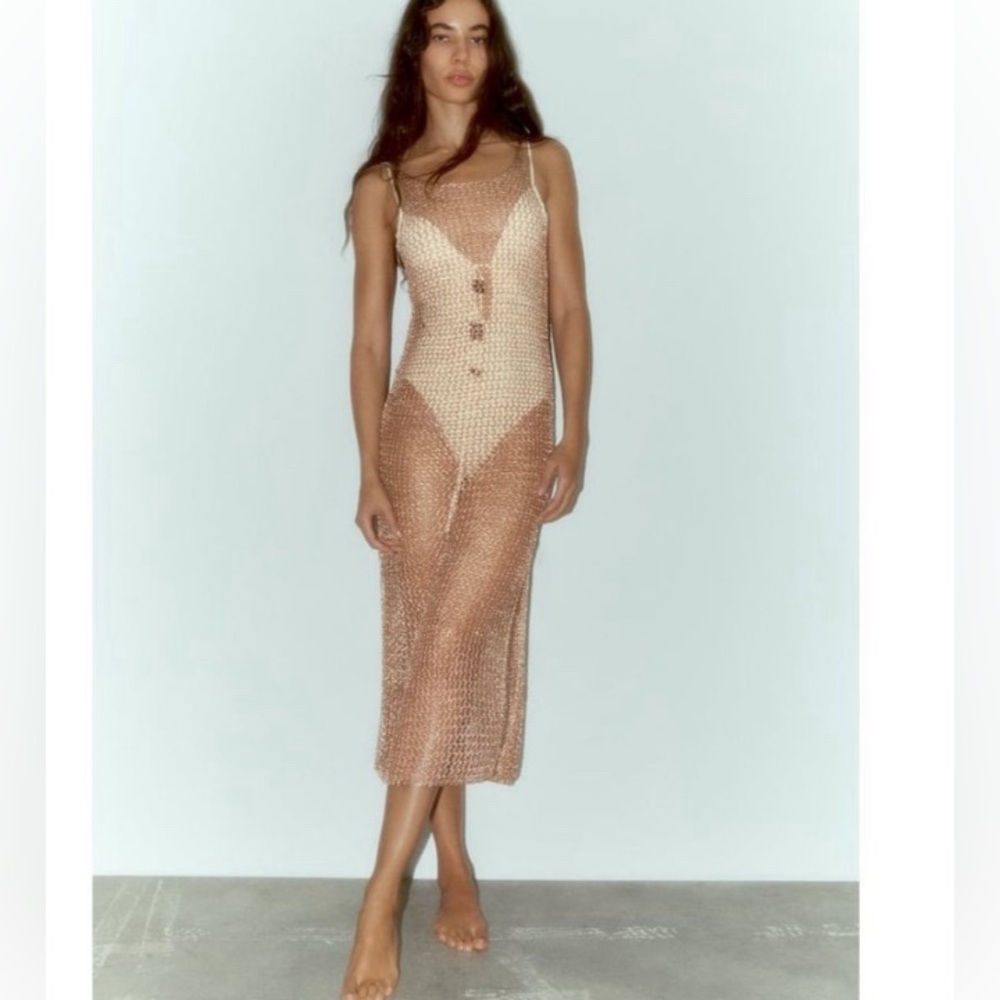 NEW Zara Openwork Rosegold Metallic Mesh Dress Coverup